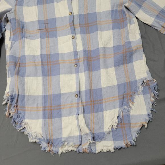 Jun & Ivy Blue White Plaid Button Down Shirt Frayed Hem Cotton Boho Casual Top - Picture 3 of 8